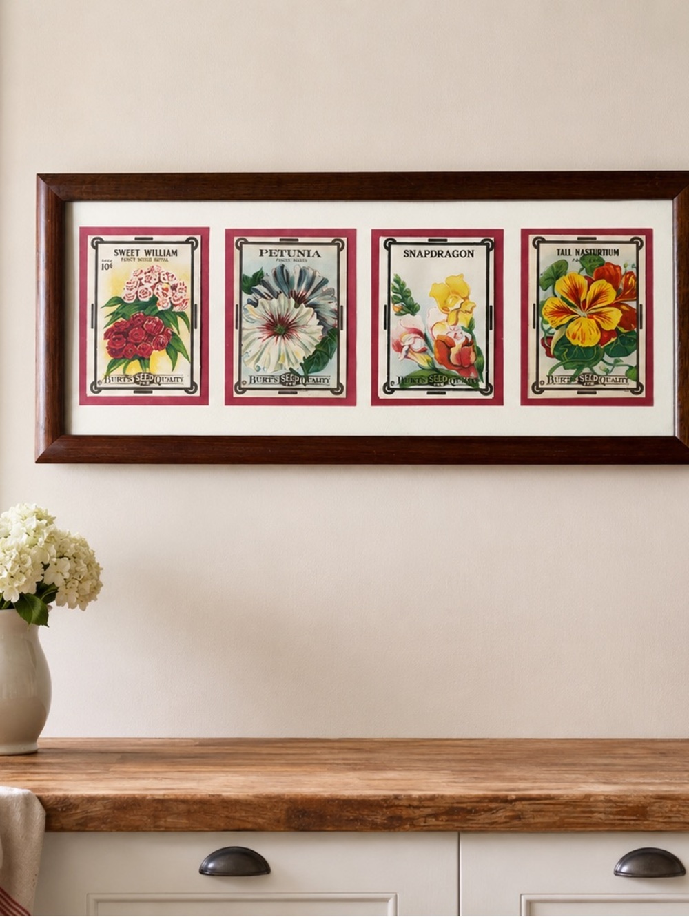 Vintage Burt’s Seed Packet Wall Art | Framed Botanical Kitchen Decor | Cottage